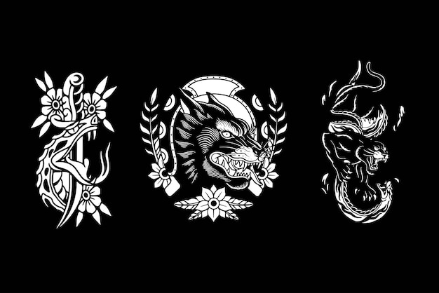 Premium Vector | Artwork design black and white of head snake head wolf and black panther vector illustration Premium Vector | Artwork design black and white of head snake head wolf and black panther vector illustration