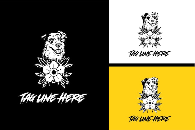 개와 장미 꽃 벡터 흑백의 삽화 디자인