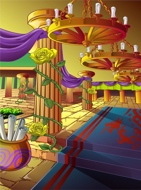 Artwork of a hall in a castle in cartoon style.