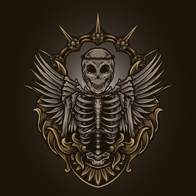 Иллюстрации и дизайн футболки скелет ангел гравировка орнамент