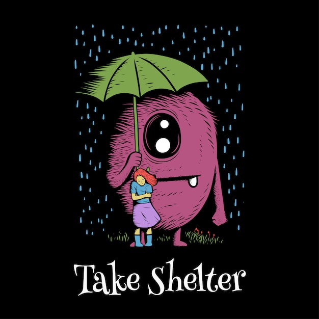 Artwork illustration design of cute girl with doodle monster under the rain