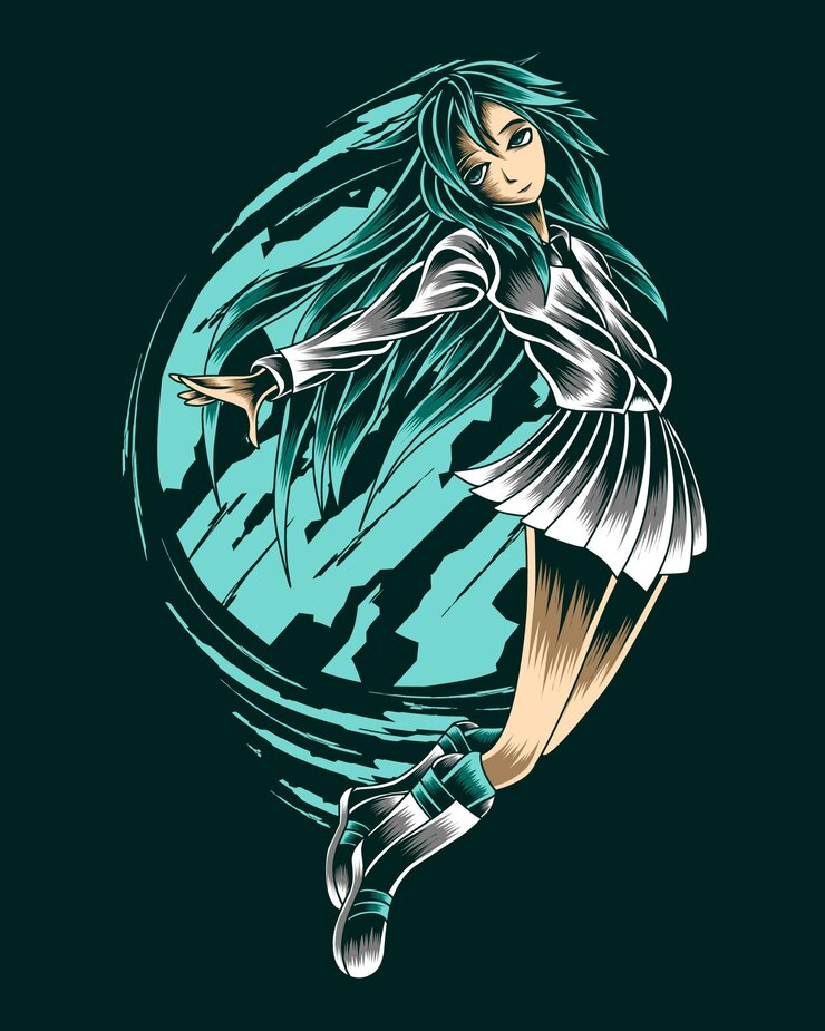 Vector artwork illustration flying green haired beautiful girl