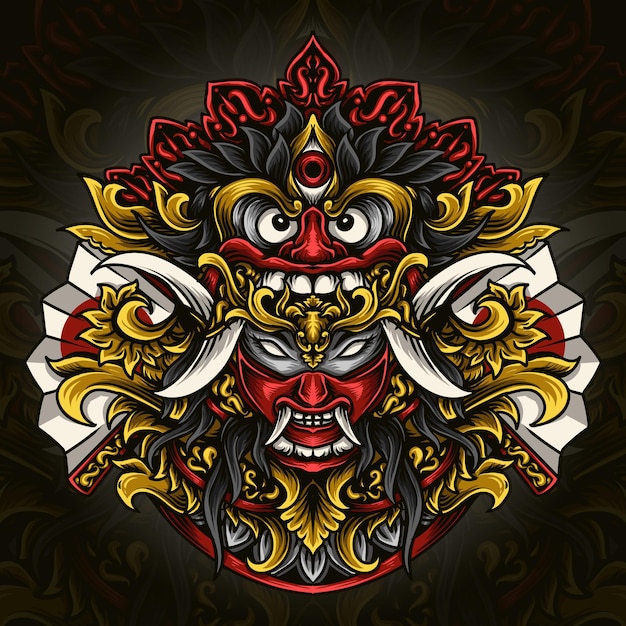 Illustrazione grafica e design t-shirt balinese barong x maschera giapponese oni