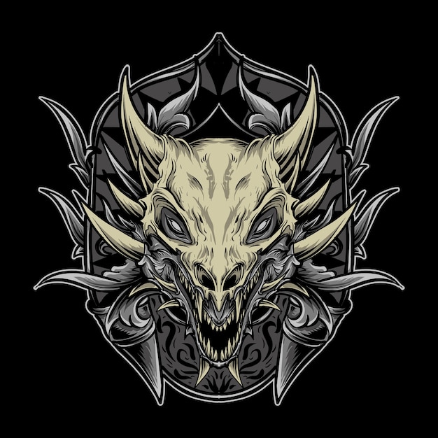 artwork illustration and t shirt design dragon skull in engraving ornament