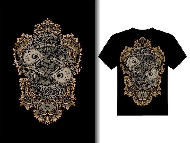 Illustrazione grafica per t-shirt design pesci scheletro zodiaco teschio