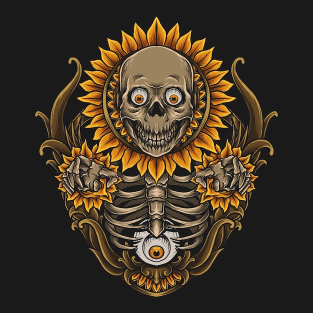 artwork illustration and t shirt design skeleton sunflower engraving ornament