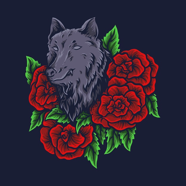 Illustrazione grafica e t-shirt design lupo con rose