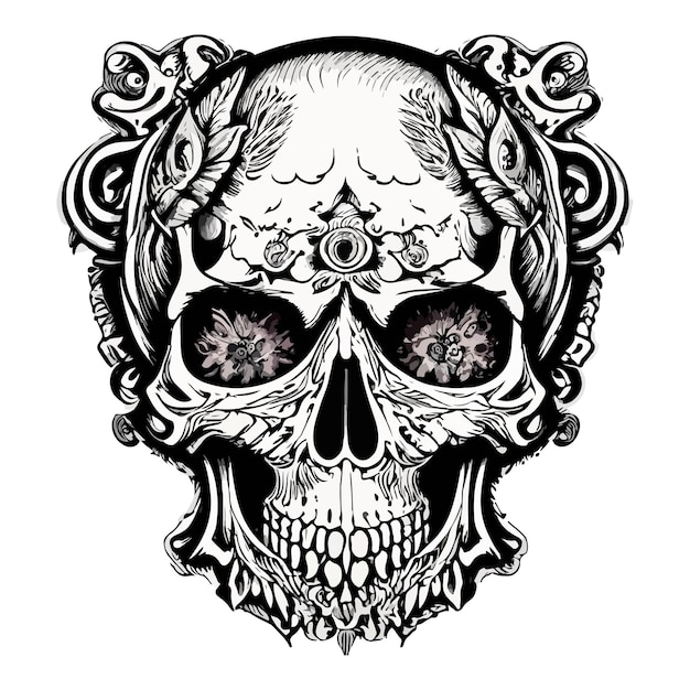 Illustrazione di opere d'arte e design di tshirt divertente ornamento di incisione del cranio su sfondo bianco