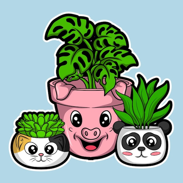 artwork illustrator and T shirt design cute character cat pig panda plants pot