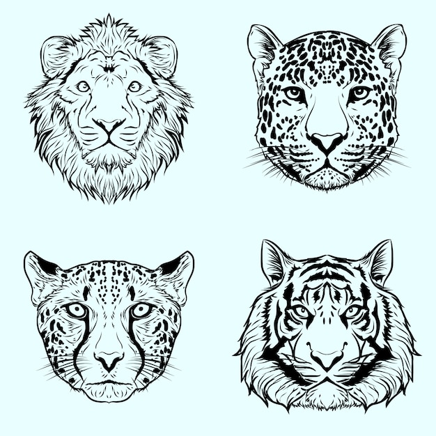 Artwork ilustration design zwart en wit handgetekende grote wilde kat set premium