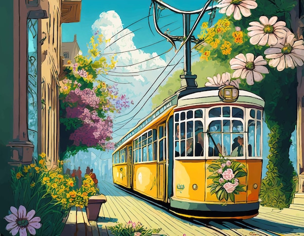 Vector artwork of tram on street with flowers