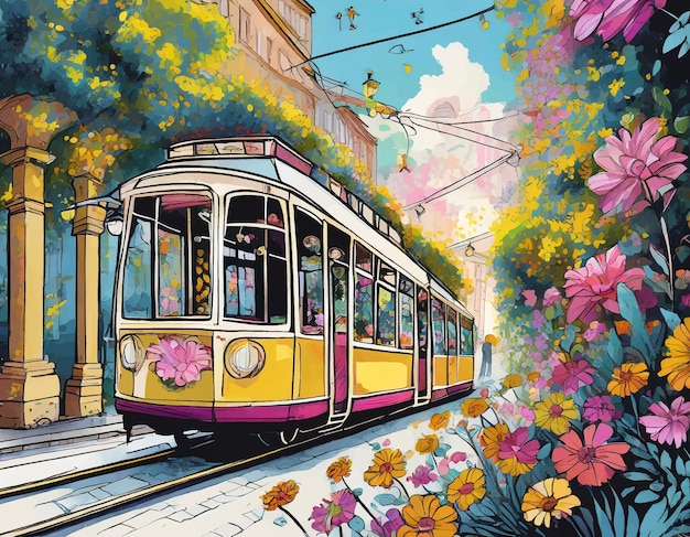 Vector artwork of tram on street with flowers