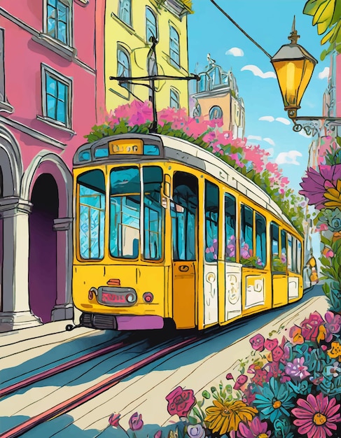 Artwork of tram on street with flowers