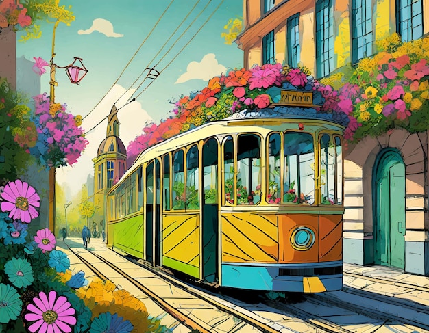 Vector artwork of tram on street with flowers