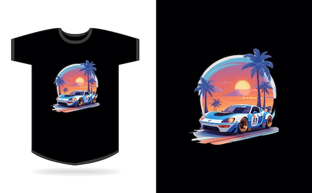 Artwork of Tshirt graphic design speed car realistic racing blue car miami street highly detail
