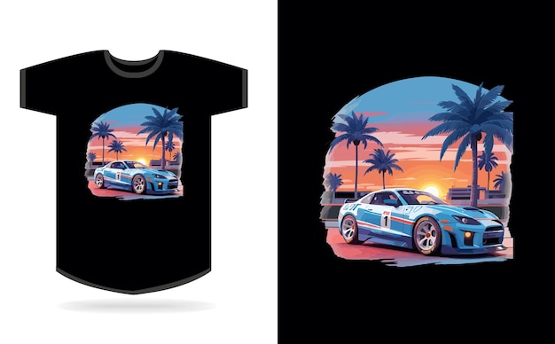 Artwork of Tshirt graphic design speed car realistic racing blue car miami street highly detail