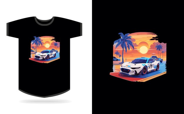 Artwork of Tshirt graphic design speed car realistic racing blue car miami street highly detail