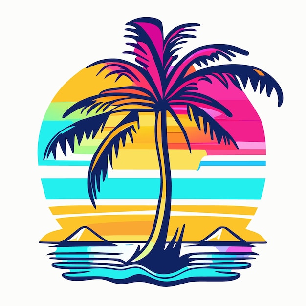 artwork of tshirt graphic of majestic palm tree in painting style of Leonid island sea