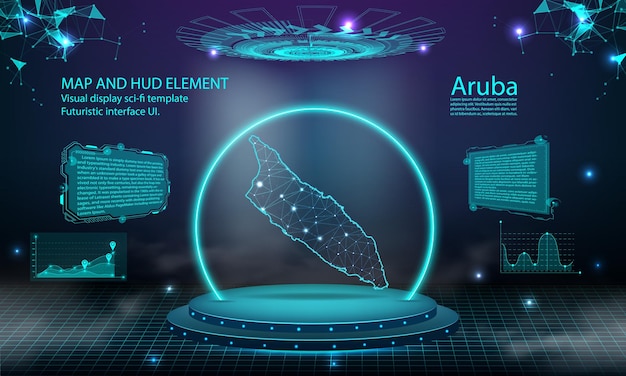 Mappa di aruba luce effetto di collegamento sfondo tecnologia digitale astratta ui gui hud futuristico interfaccia virtuale con mappa di aruba palco podio futuristico nella nebbia