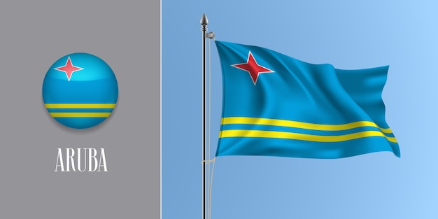 Vector aruba waving flag on flagpole and round icon  illustration