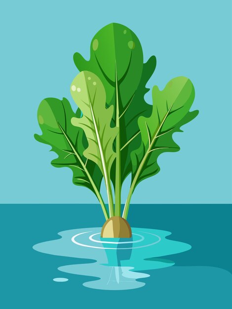 Arugula greens float in clear water against a gradient background