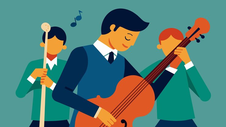 Vector as the bassist plays their instrument they sway with the music their eyes closed in deep