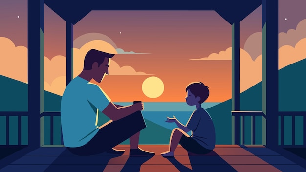 日が暮れて日が沈むと 父と息子は 玄関に座って 幸せの感覚を共有します