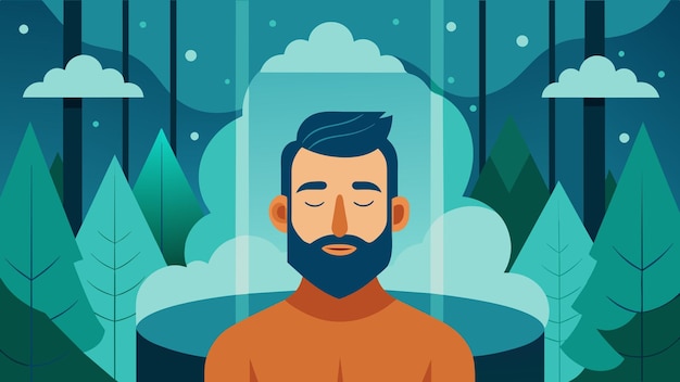 Vettore mentre la sauna a infrarossi tratta il suo corpo con il calore, un uomo chiude gli occhi e si immagina in un ambiente tranquillo.