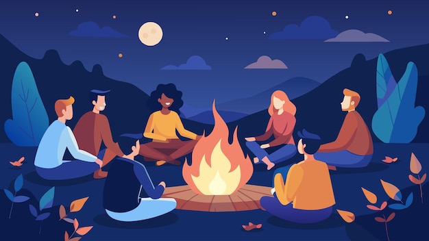 Vector as the night falls leaders sit around a bonfire sharing stories of their personal experiences with