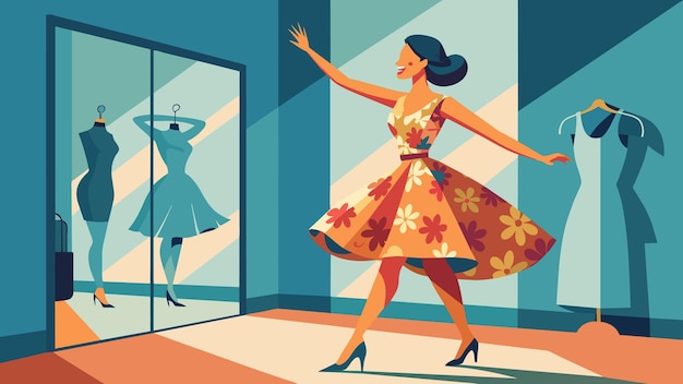 Vector as she shimmies into a bright floral dress from the s a young woman twirls in front of the dressing