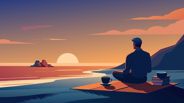 Vector as the sun sets on a deserted beach a person sits on the shore with a warm cup of tea and a stack of