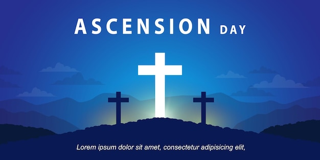 ベクトル バナーの青の背景に輝く十字架のイラストが昇天の日