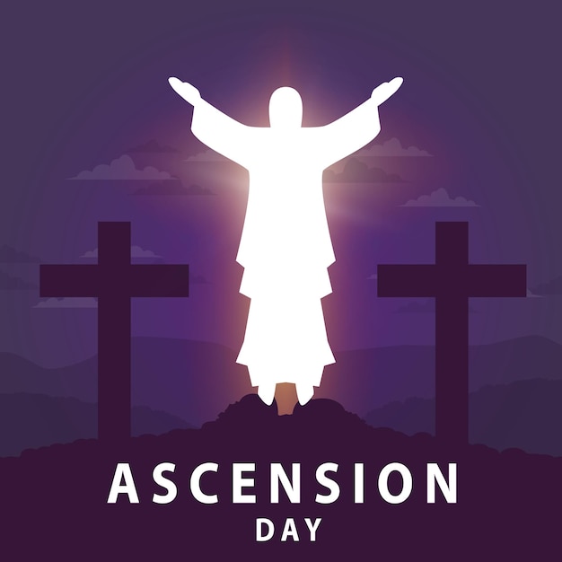 Ascension day with jesus statue illustration with white light and purple background