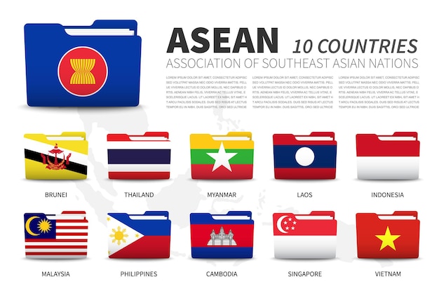 Asean。東南アジア諸国連合と会員。フォルダーフラグのデザイン。東南アジアの地図。