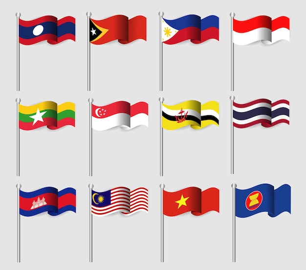 Asean. association of southeast asian nations and membership. waving flag design southeast asia map