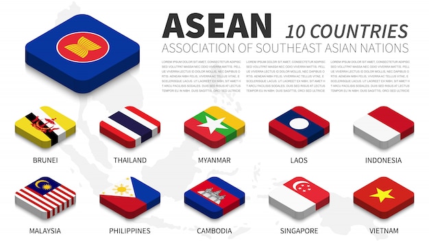 Bandiera di asean e appartenenza e sfondo mappa del sud-est asiatico. design superiore isometrico. vettore