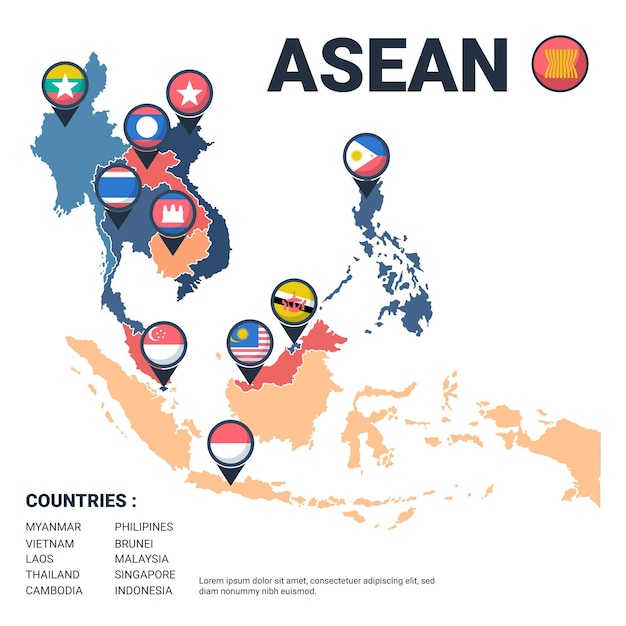 Vettore mappa asean con bandiere illustrate