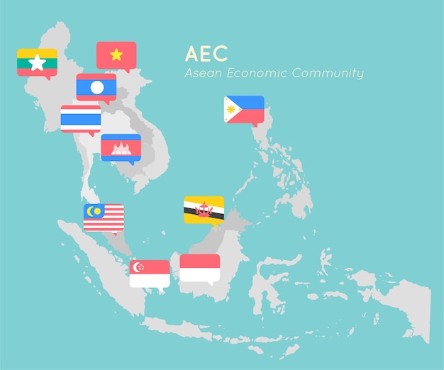 Mappa asean con design piatto bandiera punto