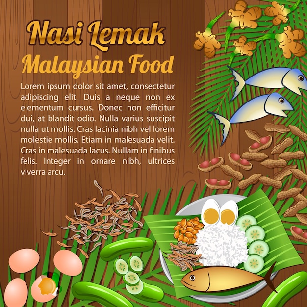 Vector asean national food ingredients elements set banner on wooden backgroundmalaysia