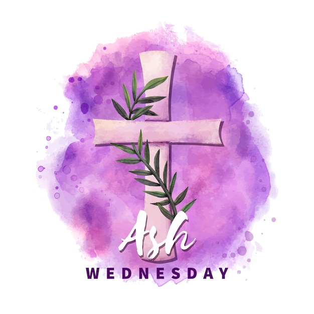 Ash wednesday cross in purple watercolor