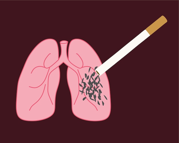 Vector ashes from a cigarette in the lungs vector flat illustration on dark background the body organ is