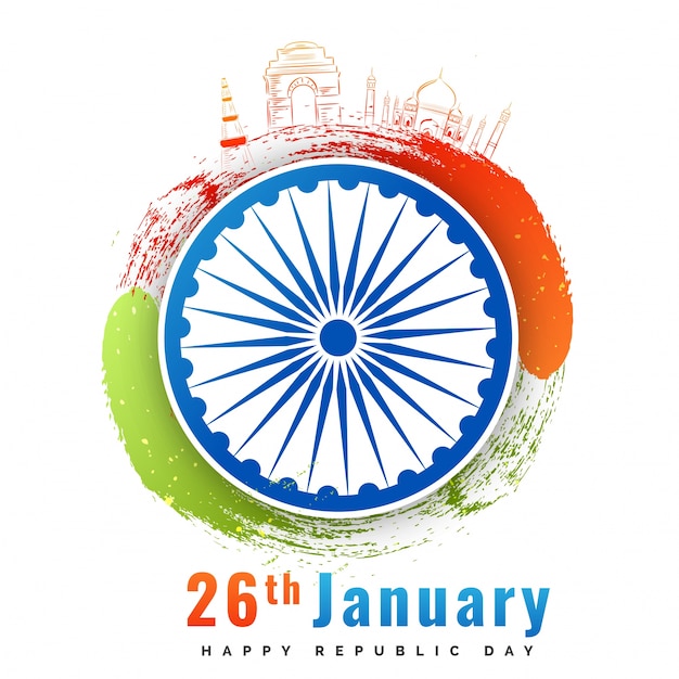 Ashoka Chakra with doodle monuments of India, Republic Day background.