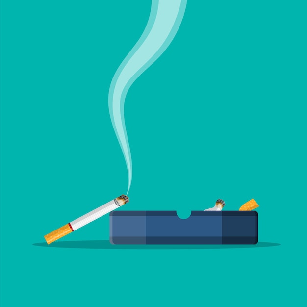 ashtray full of smokes cigarettes. Crockery for smoking. Side view. Vector illustration in flat style .