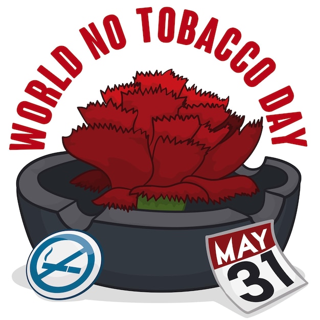 Ashtray with red carnation next to calendar and pin for World No Tobacco Day