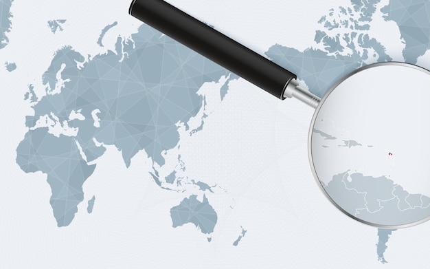 Asia centered world map with magnified glass on Antigua and Barbuda Focus on map of Antigua and Barbuda on Pacificcentric World Map