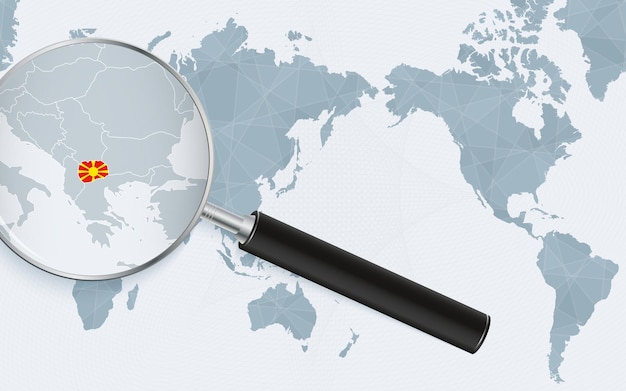 Asia centered world map with magnified glass on Macedonia Focus on map of Macedonia on Pacificcentric World Map