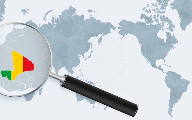 Asia centered world map with magnified glass on mali focus on map of mali on pacificcentric world map