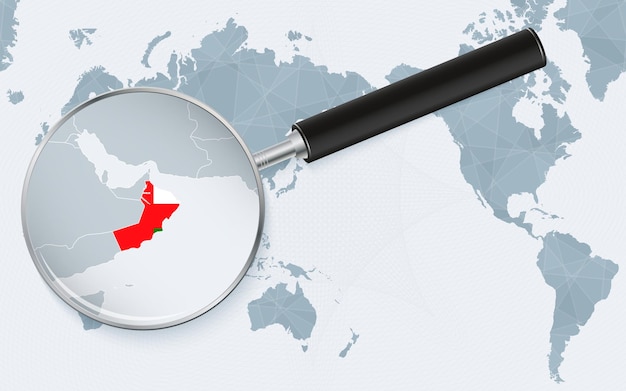 Asia centered world map with magnified glass on Oman Focus on map of Oman on Pacificcentric World Map