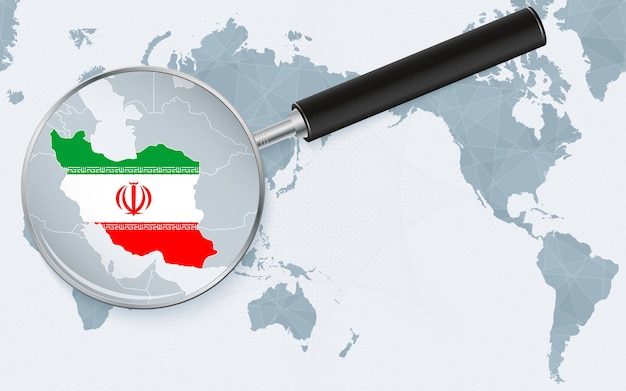 アジア中心のイランの拡大鏡付き世界地図 太平洋中心の世界地図上のイランの地図に焦点を当てる