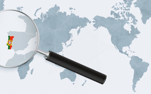 Asia centered world map with magnified glass on Portugal Focus on map of Portugal on Pacificcentric World Map